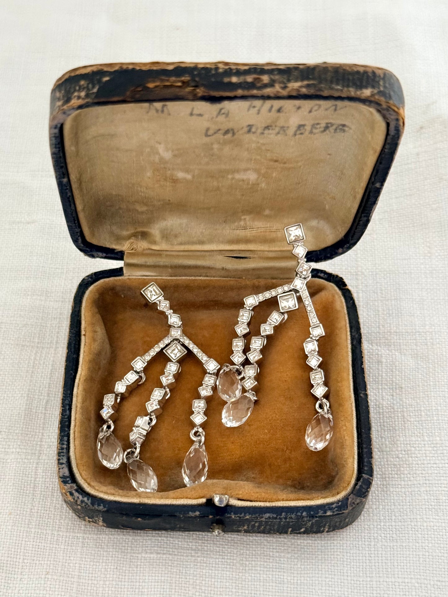 .1900s Art Deco Edwardian revival Swarovski designer crystal and rhinestone diamanté chandelier drop dangle earrings