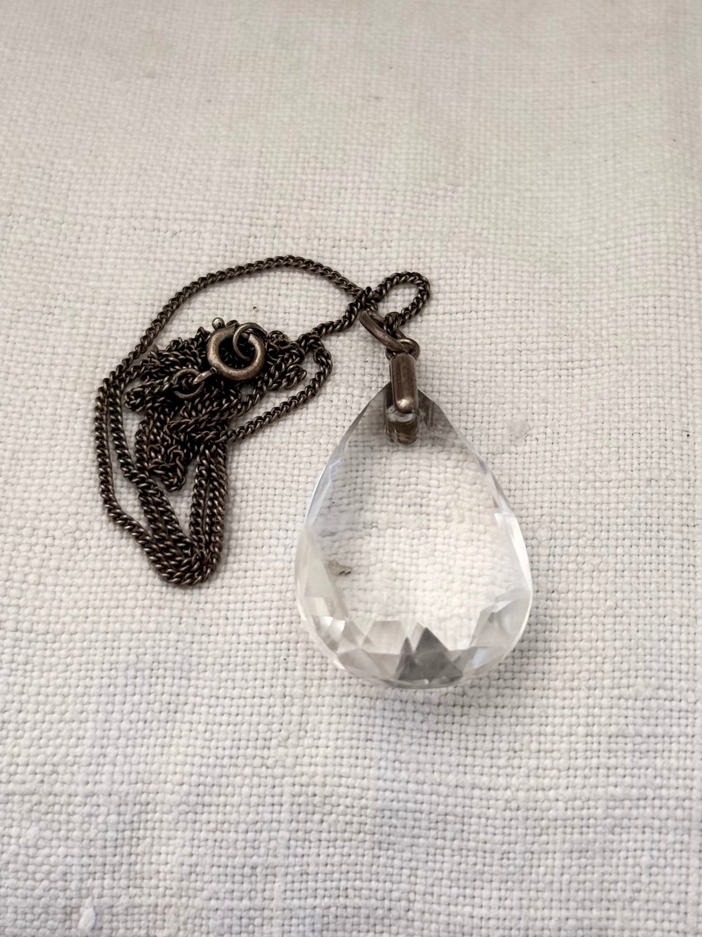 .1900s .1910 Antique Art Deco Rock Crystal Briolette teardrop pendant on Silver chain