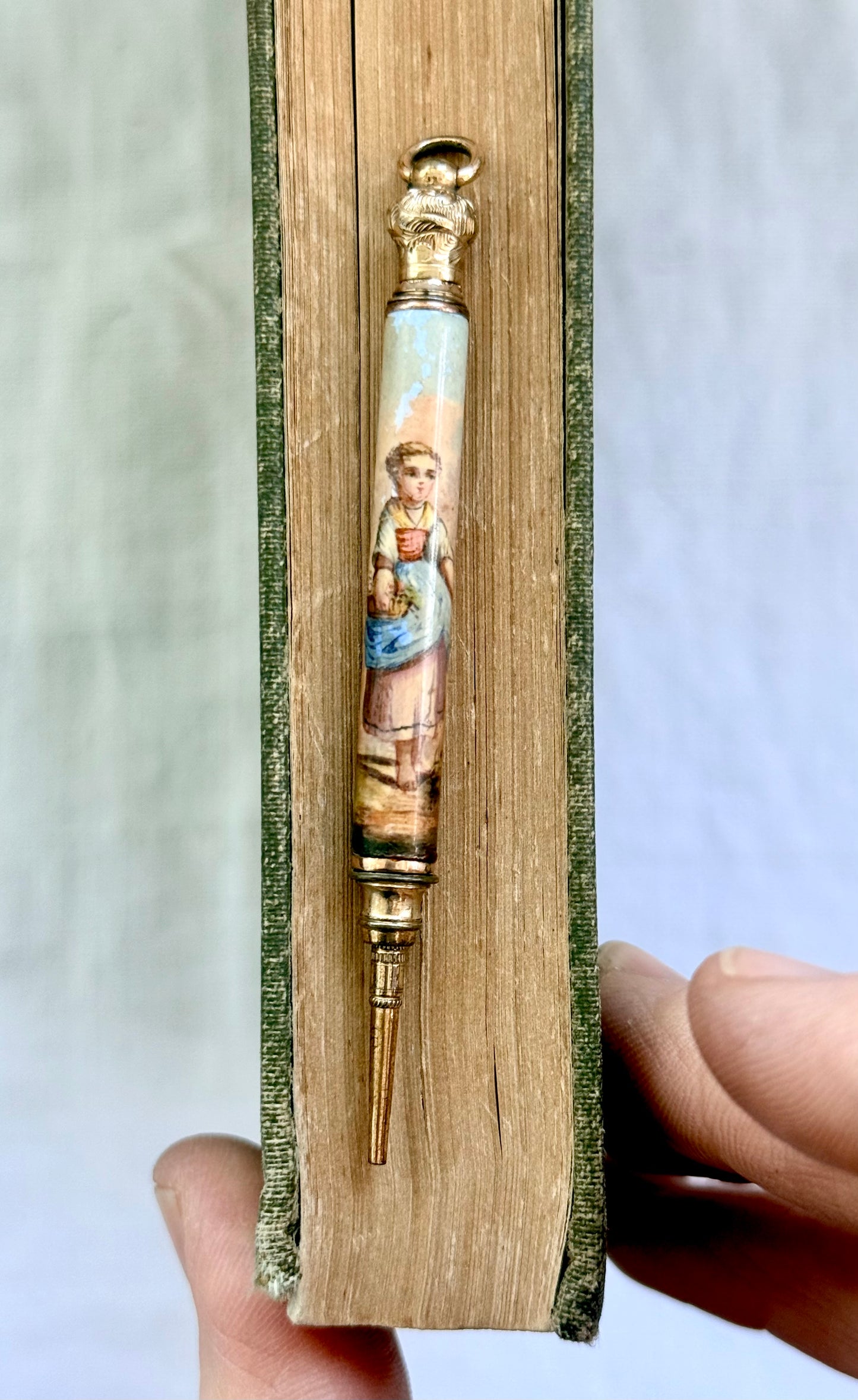 .1860s .1890s antique fine Victorian gold filled fine collectors hand painted enamel chatelaine propelling pencil
