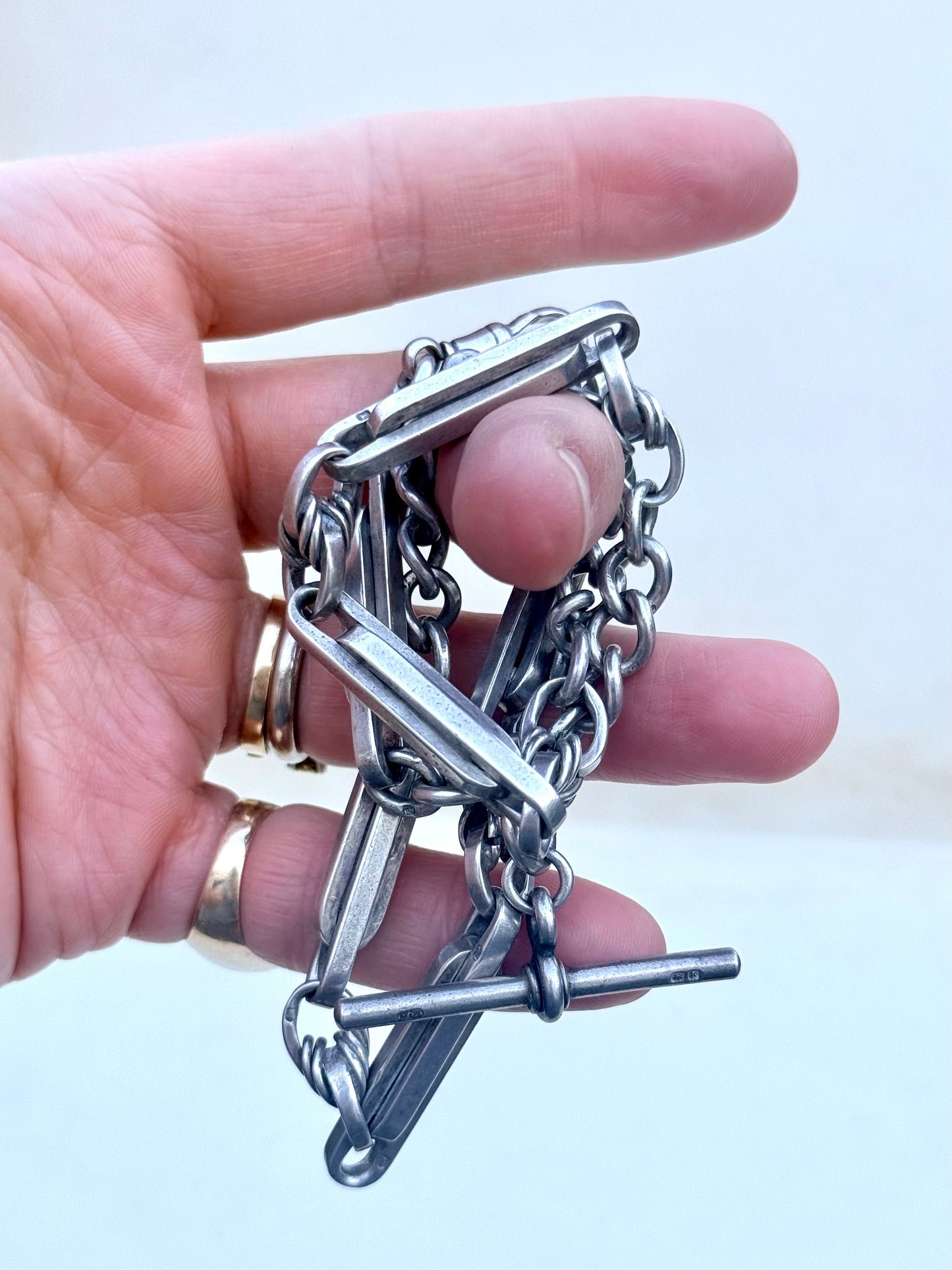 .1897 .1909 .925 antique solid chunky Albert fob chain fancy link Lovers Knot double Paper clip link Trumpet link hallmark Victorian Edwardian watch chain fob chain collectors necklace