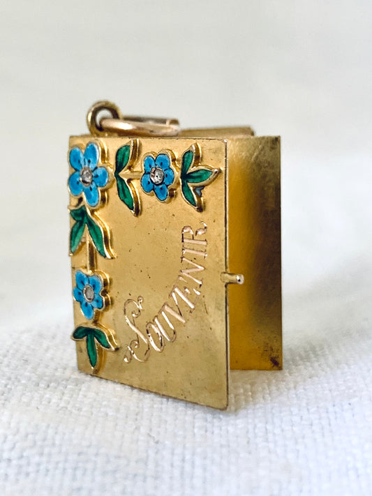 .14ct .585ct 1880s 1900s antique rare solid 14ct gold Diamond and enamel rare Forget me Not flowers French Souvenir Diamond book photo locket sentiment booklet pendant