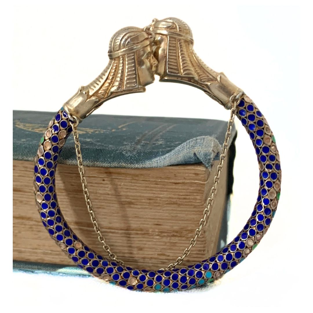 .1920s .935 Art Deco SALE rare find Egyptian revival French silver enamel articulated Pharaoh figural bangle