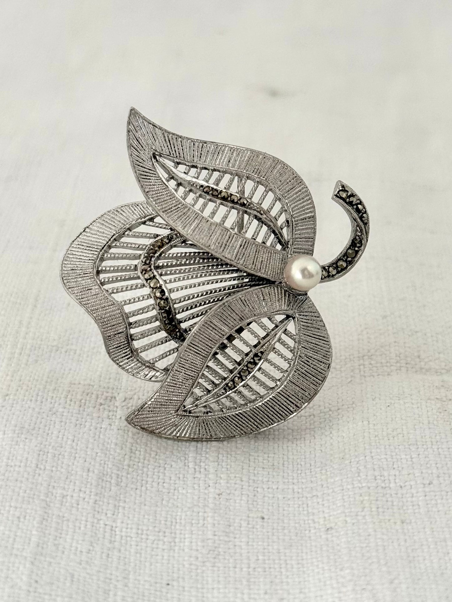 .1940s .1950s .925 Art Deco revival Theodor Fahrner designer Mid Century Modern geometric leaf and pearl renowned German sterling silver marcasite designer brooch pin
