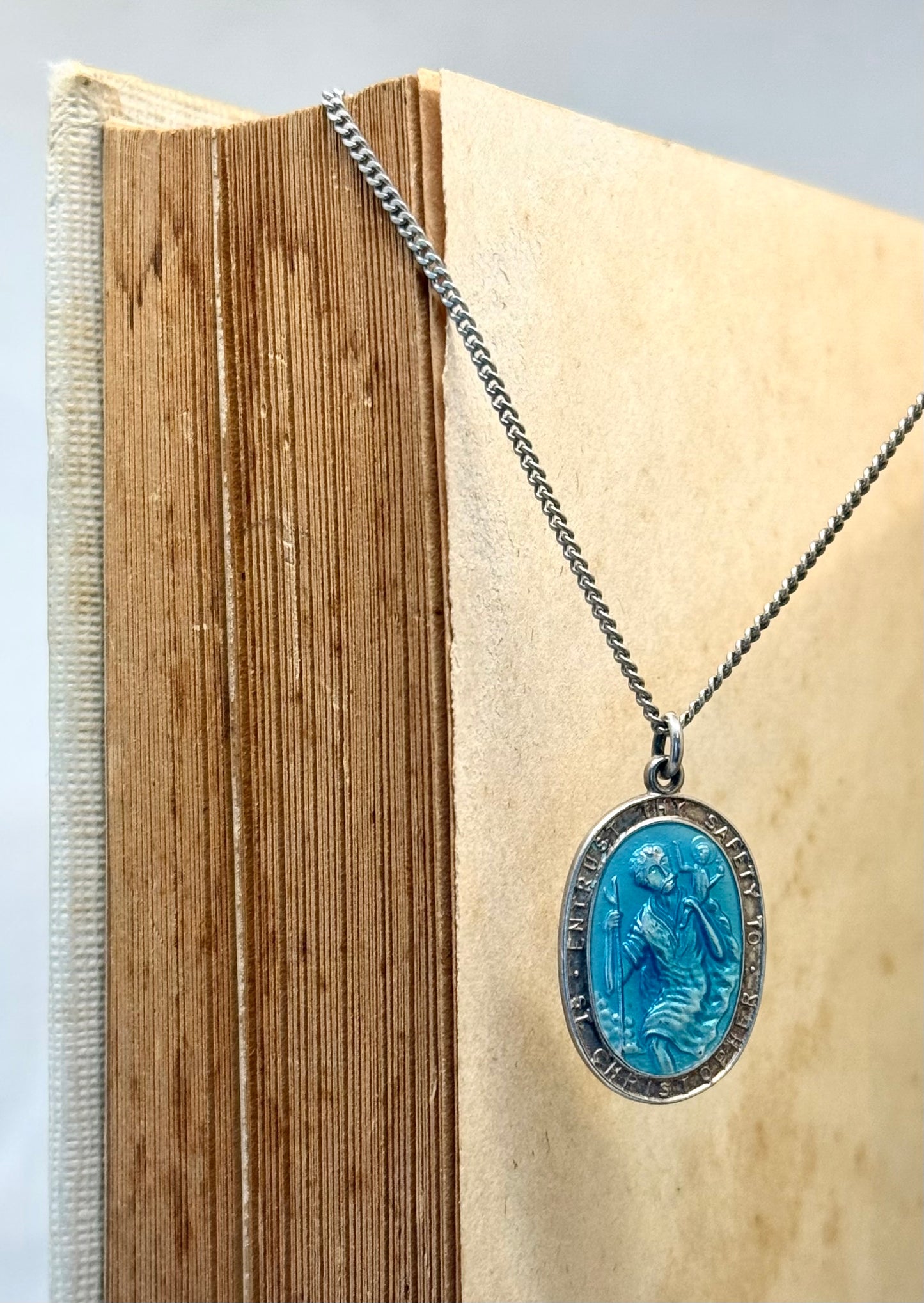 .1970s .925 Georg Jensen designer blue enamel Saint Christopher vintage religious treasured sterling silver token pendant