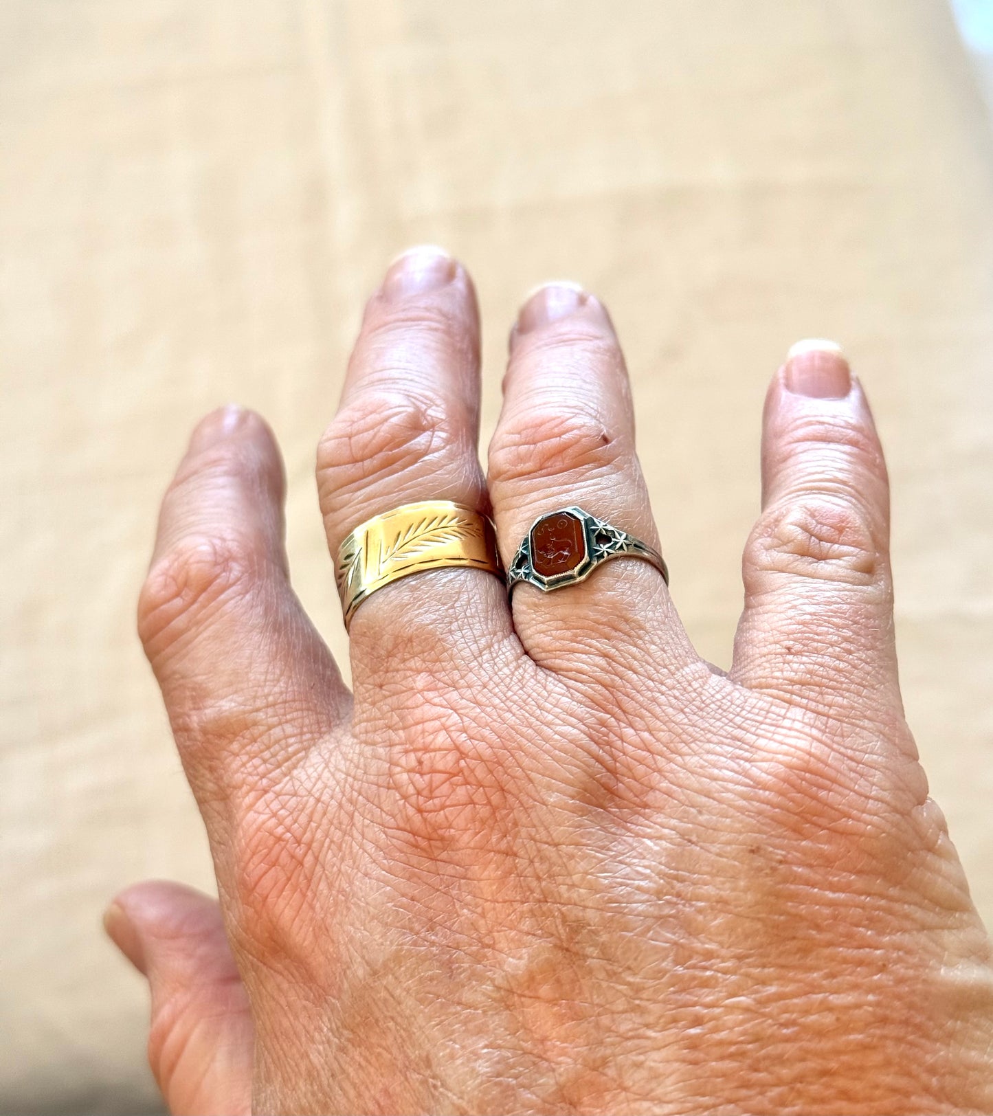 .1910s .1920s .935 Art Deco style Carnelian intaglio Leo Lion signet seal Zodiac Star Sign token ring.