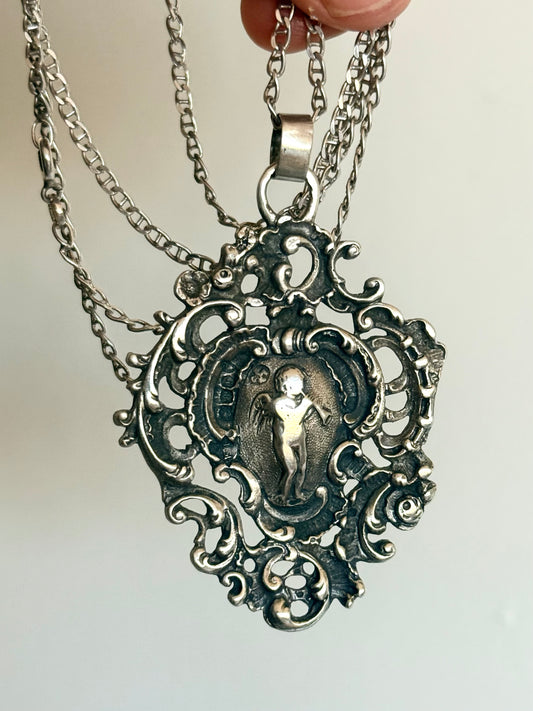 .1896 .925 antique Baroque revival right facing angel trumpet playing cherub filigree large sterling silver Victorian hallmarked silver pendant