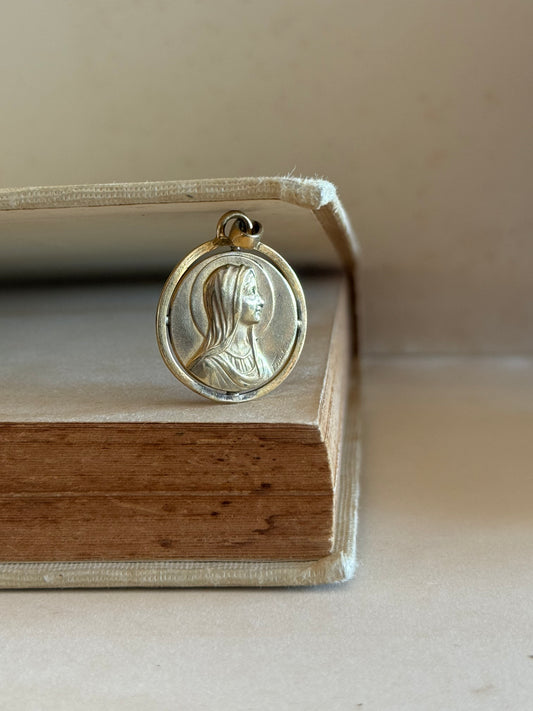 1900s .1930s Gold Fill Religious Holy Virgin Mother Maria French Lourdes Roman Catholic signed medallion token pendant