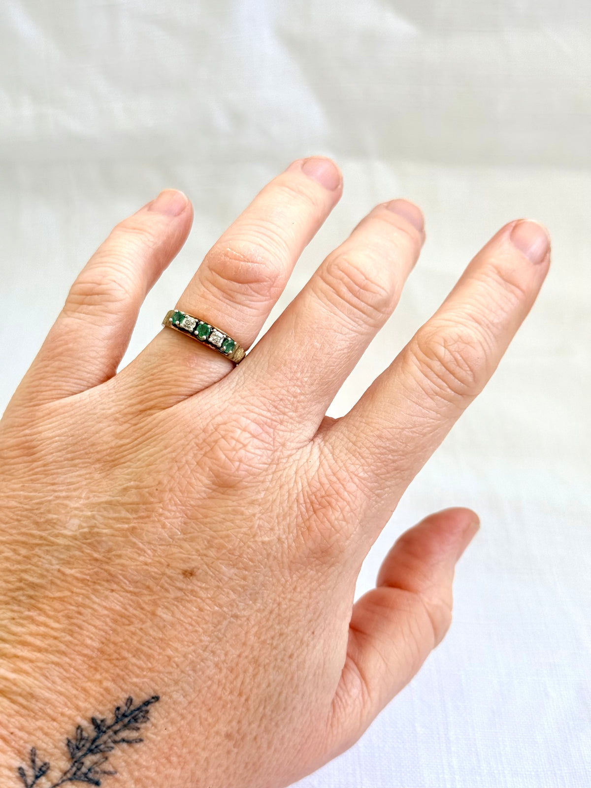 14k .1960s .1970s 3 Emeralds 2 Diamonds 5 precious gemstones high carat modernist brutalist half eternity ring band