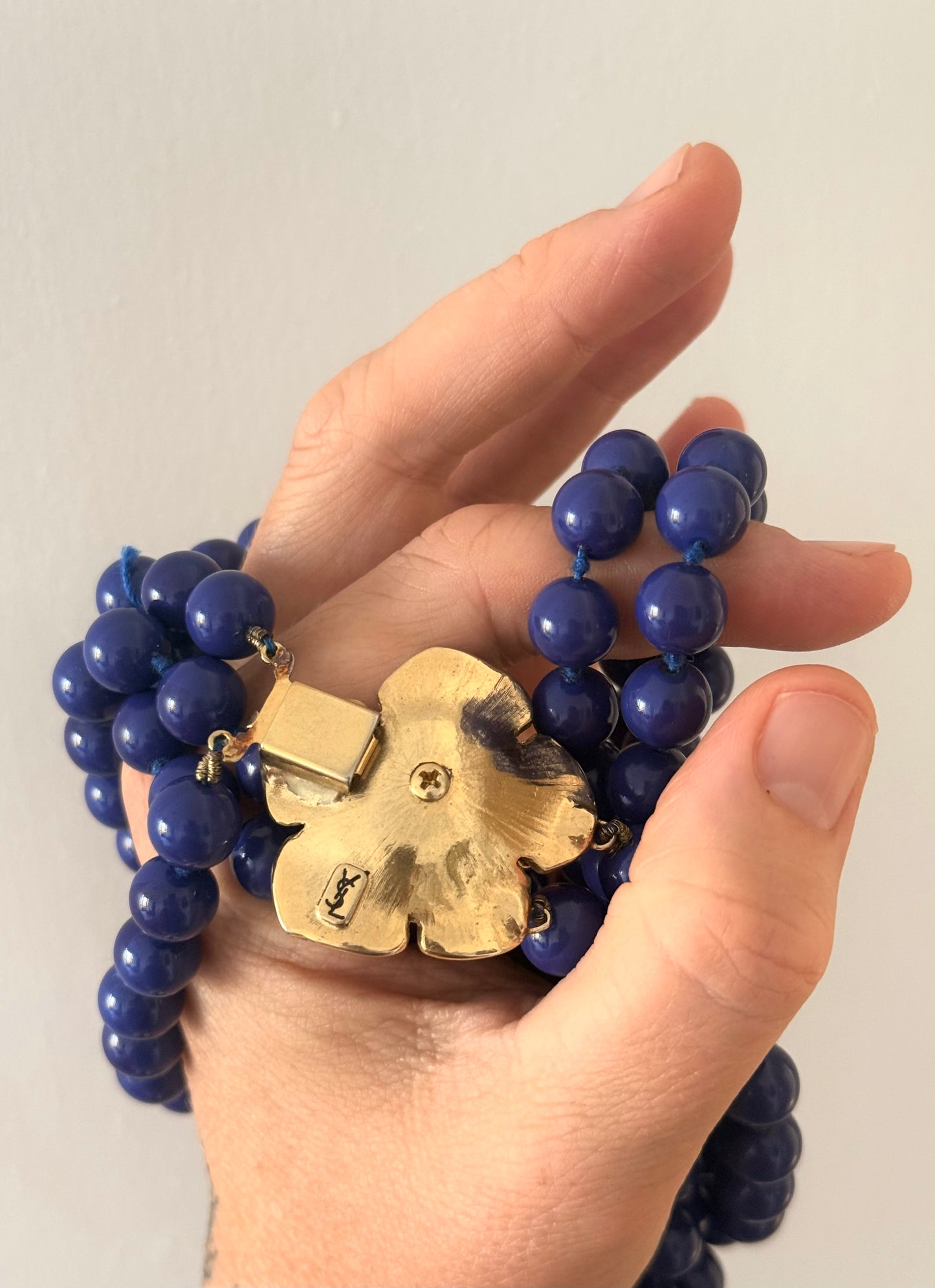 .100cm long .1980s Rare Yves Saint Laurent designer double long strand Lapis Blue Royal Blue Rose Flower gold tone floral clasp costume accent necklace