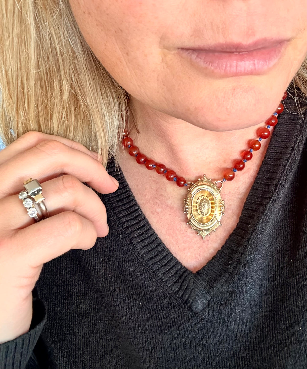 .1800s .375 .9ct gold Antique decorative fine Etruscan revival Victorian ornate gold oval pendant on luxury Carnelian bead graduated gemstone necklace setting