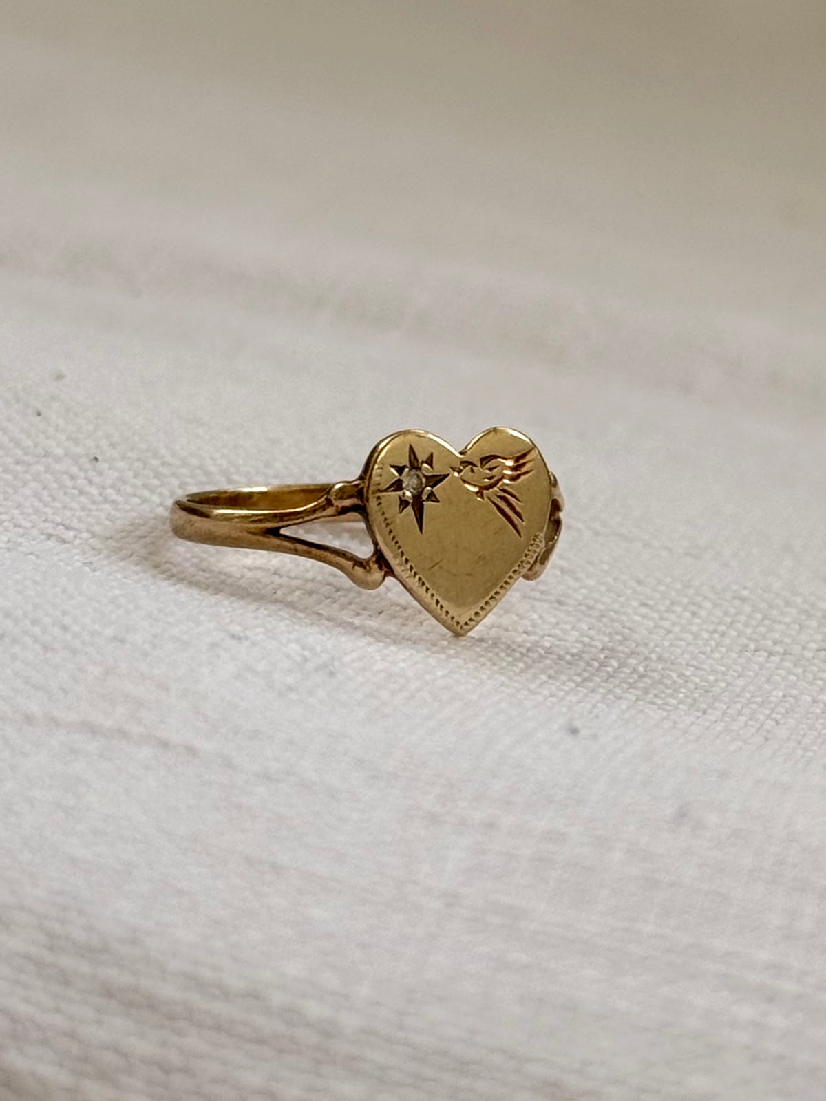 .375 .9ct gold heart token diamond starburst sweetheart love token swallow bird heart ring
