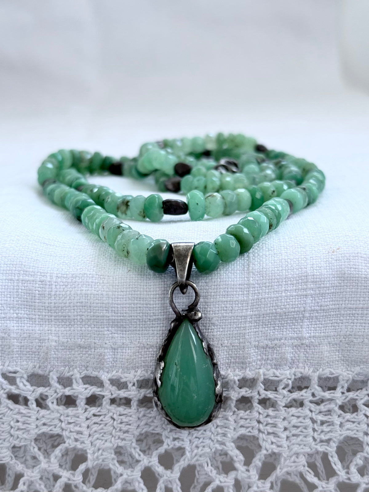 .925 boho Chrysoprase green hand faceted double gemstone necklace