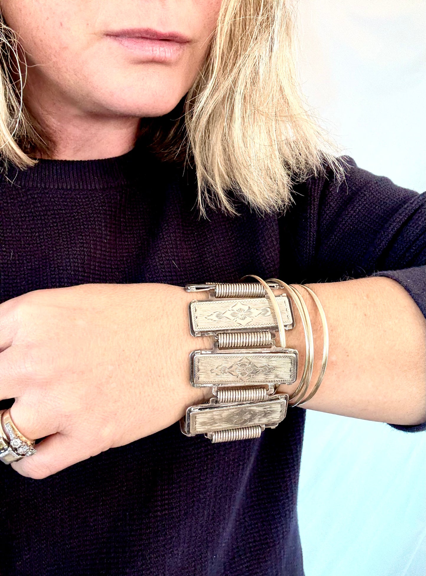 .1880s .1890s .925 Aesthetic Victorian era wide link and solid silver etched panel bracelet