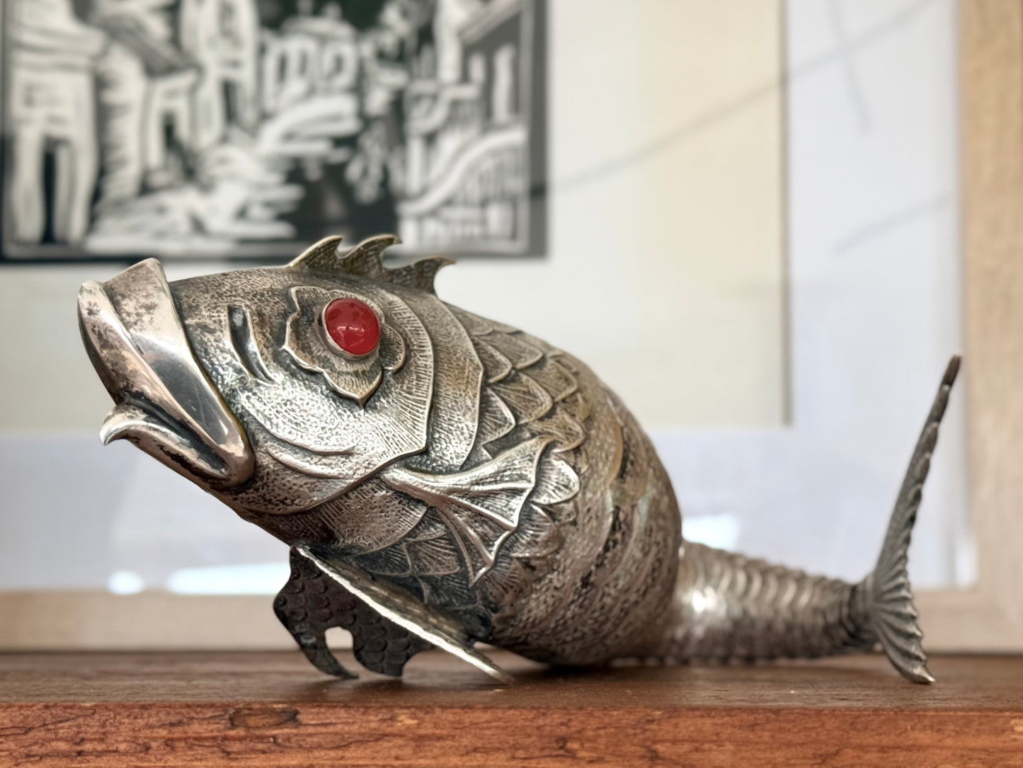 .1940s .915 articulated life sized hand made solid Spanish silver Large and magnificent artisan made Carb Fish rare treasured silver figural art statue