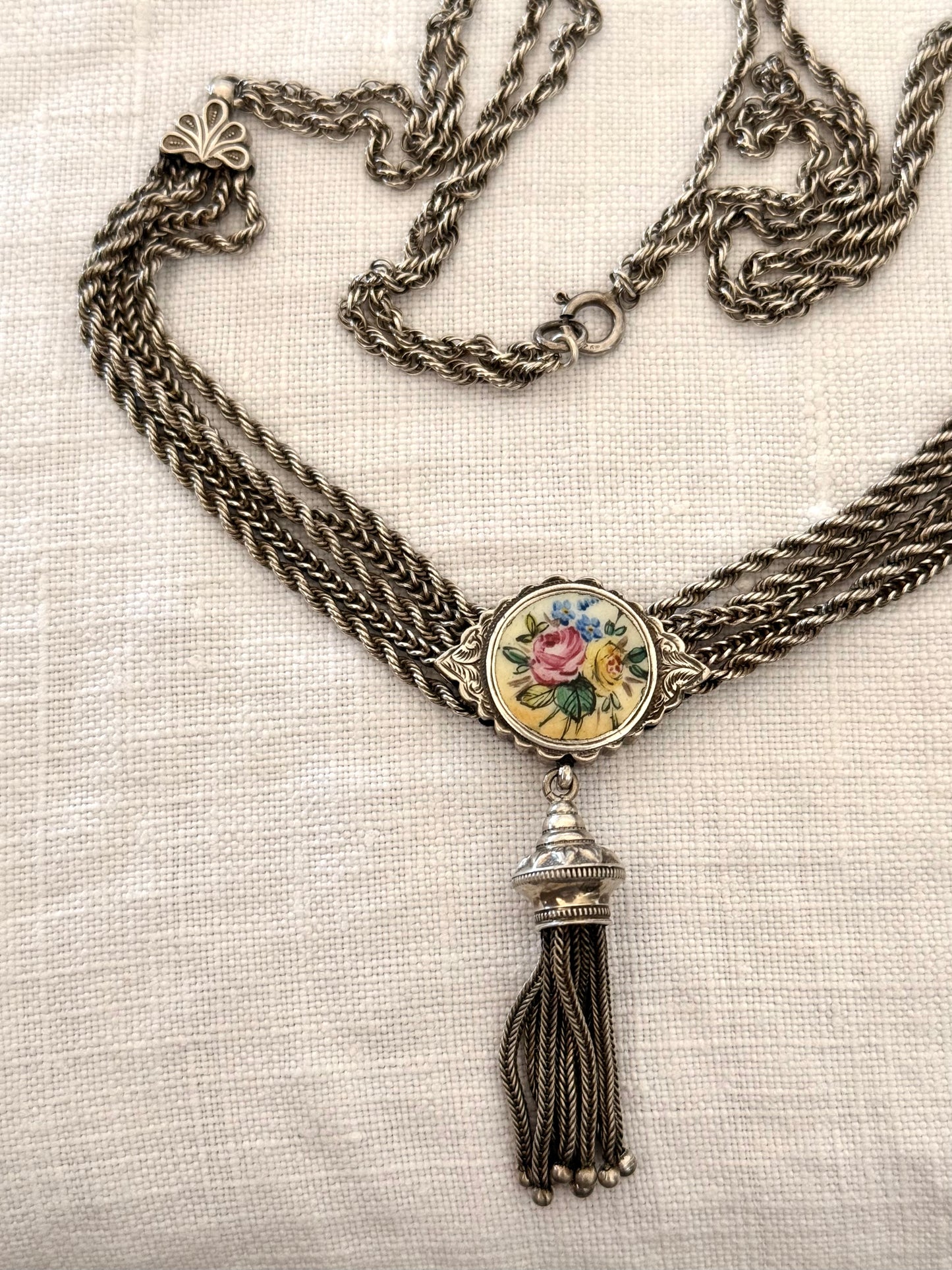.1860s .1890s .925 antique Belle Epoque rare and fancy enamel slider Albertina multi chain necklace
