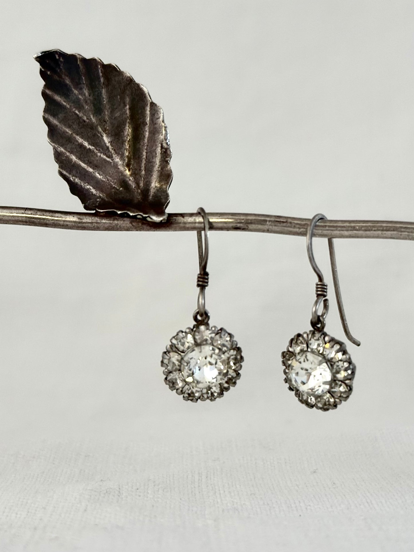 .1920s .925 antique Art Deco Edwardian diamond paste halo floret gemstone luxury sterling silver dangle earrings