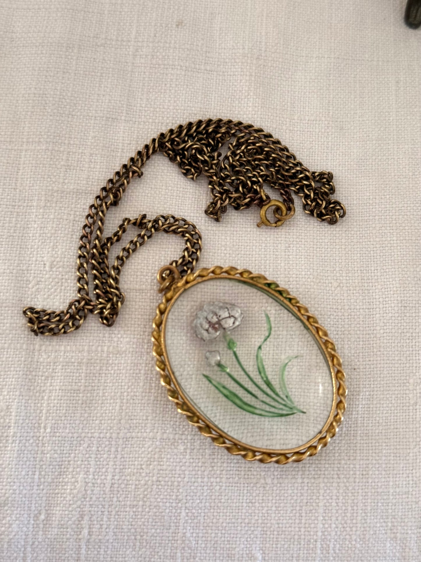 .1900s .1920s antique artisan reverse glass Carnation flower hand painted floral glass cabochon pendant