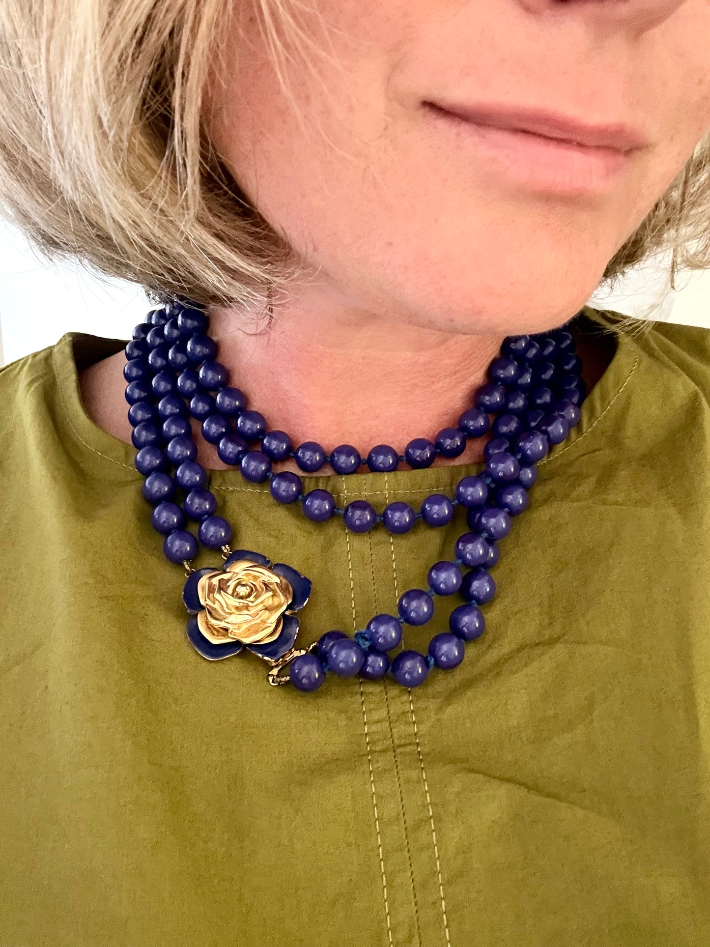 .100cm long .1980s Rare Yves Saint Laurent designer double long strand Lapis Blue Royal Blue Rose Flower gold tone floral clasp costume accent necklace