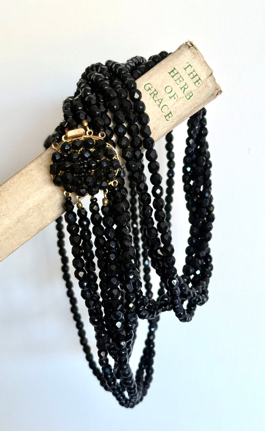 .1940s 1950s .5 strand .96cm long glamorous jet black faceted glass bead multi strand long cocktail necklace