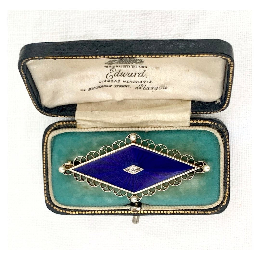 .585 14ct 1900s antique 3 diamond 4 pearl celestial star Art Nouveau Edwardian royal blue guilloché enamel, diamonds, pearl collectors item rare treasured brooch