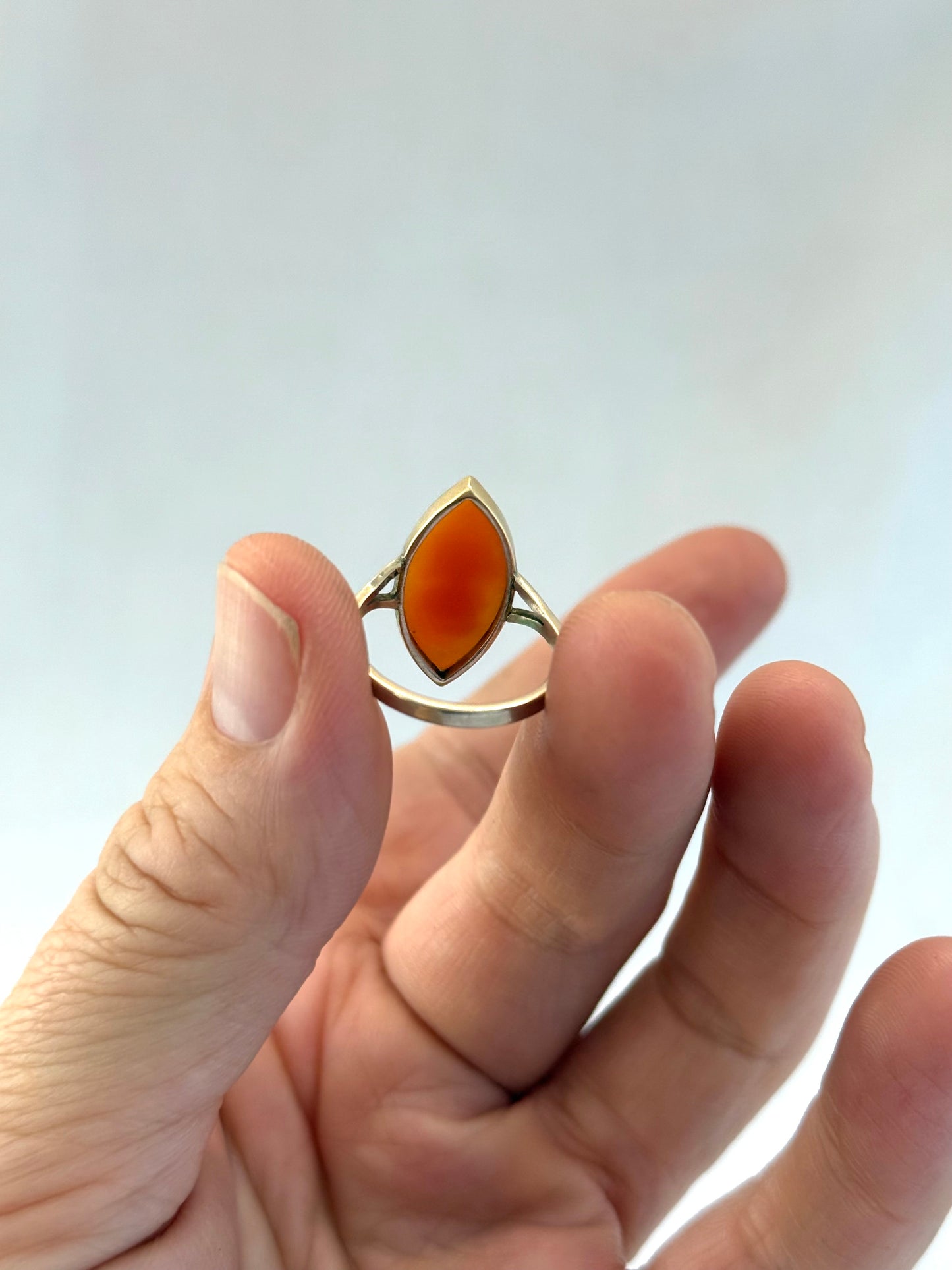 .1910s .375ct gold antique Edwardian era Marquise cut cat eye shaped Cameo shell 9ct gold dress ring