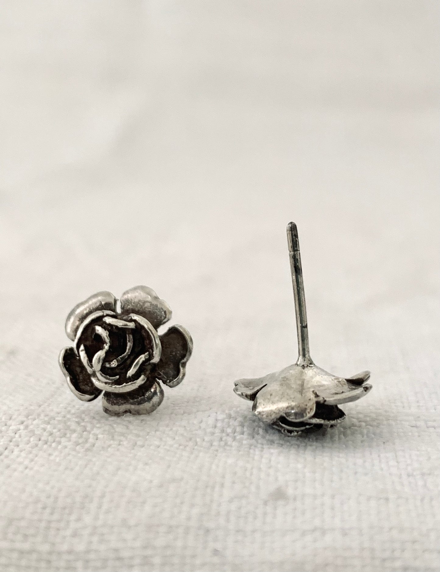 .925 1970s 12mm diameter 3-D Rose flower sterling silver floral post push in stud earrings