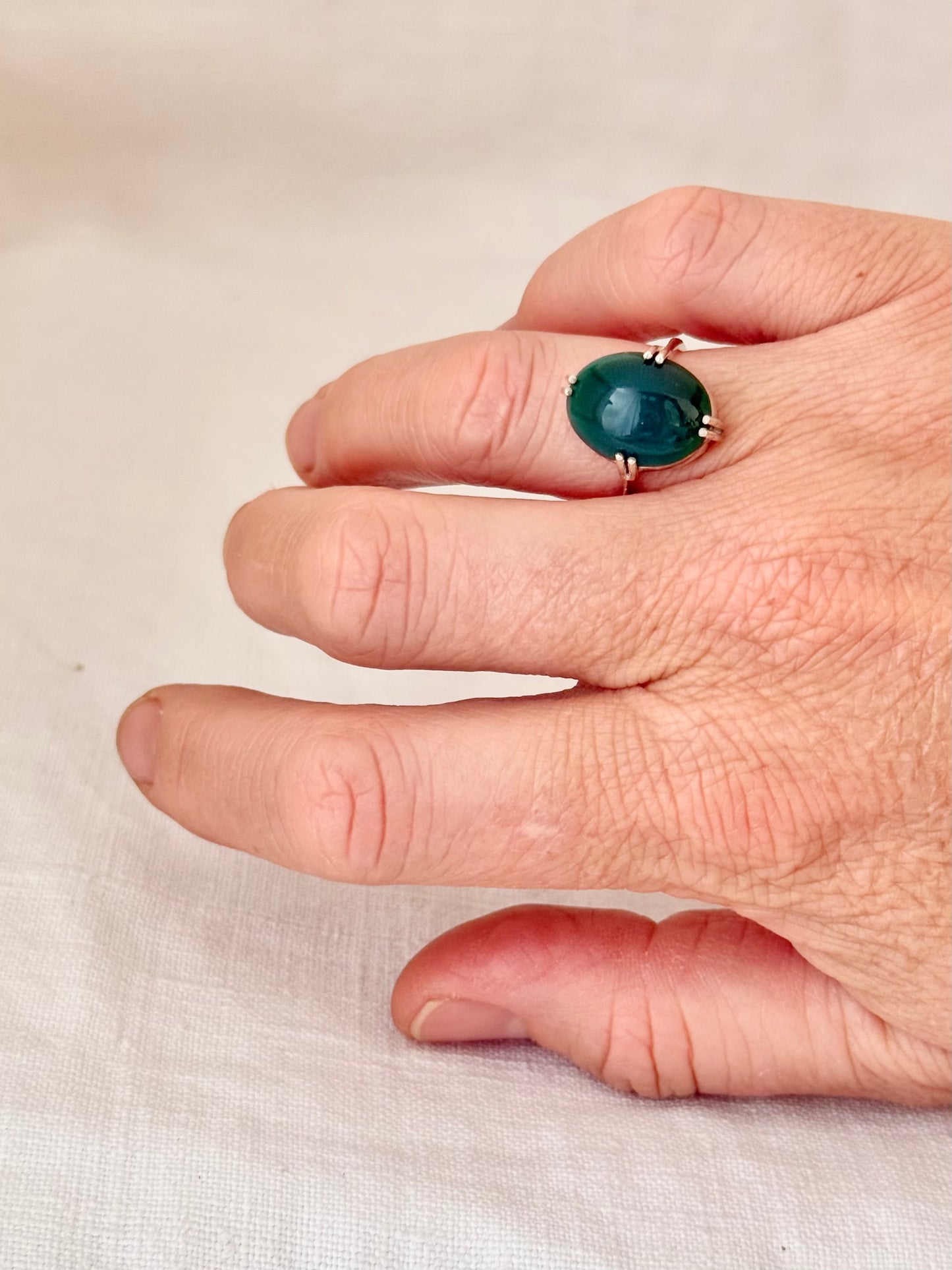 .1970s .925 Modernist Green Onyx silver artisan made sterling silver cocktail ring