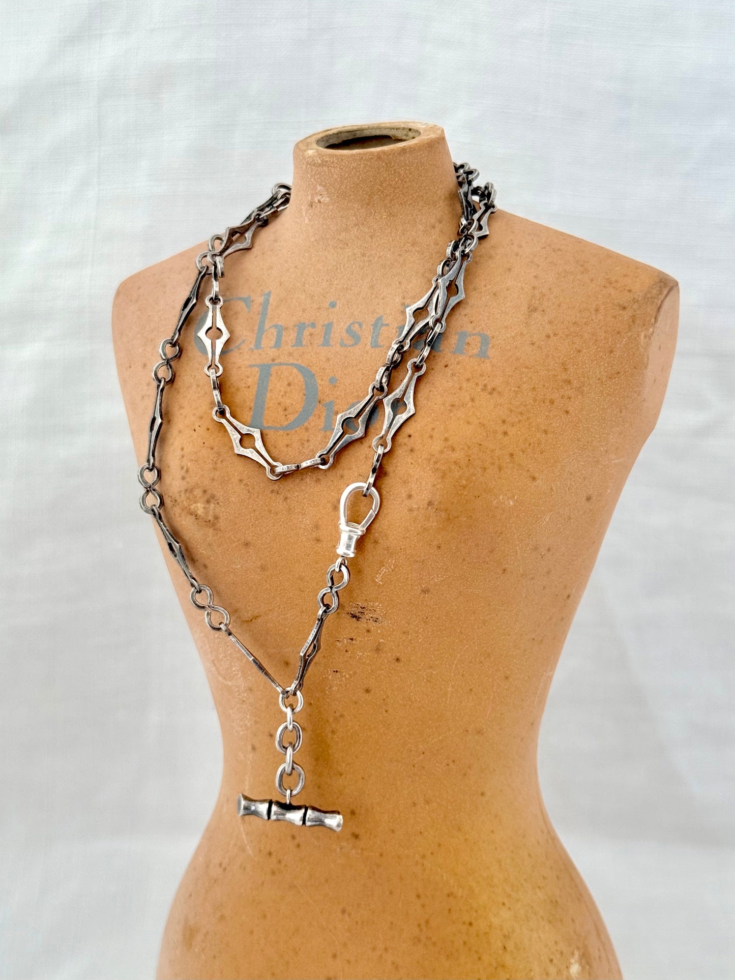 .925 antique revival solid silver fancy multiple link fob chain Modernist diamond and mariners link sterling silver Belle Epoque revival fancy watch chain necklace