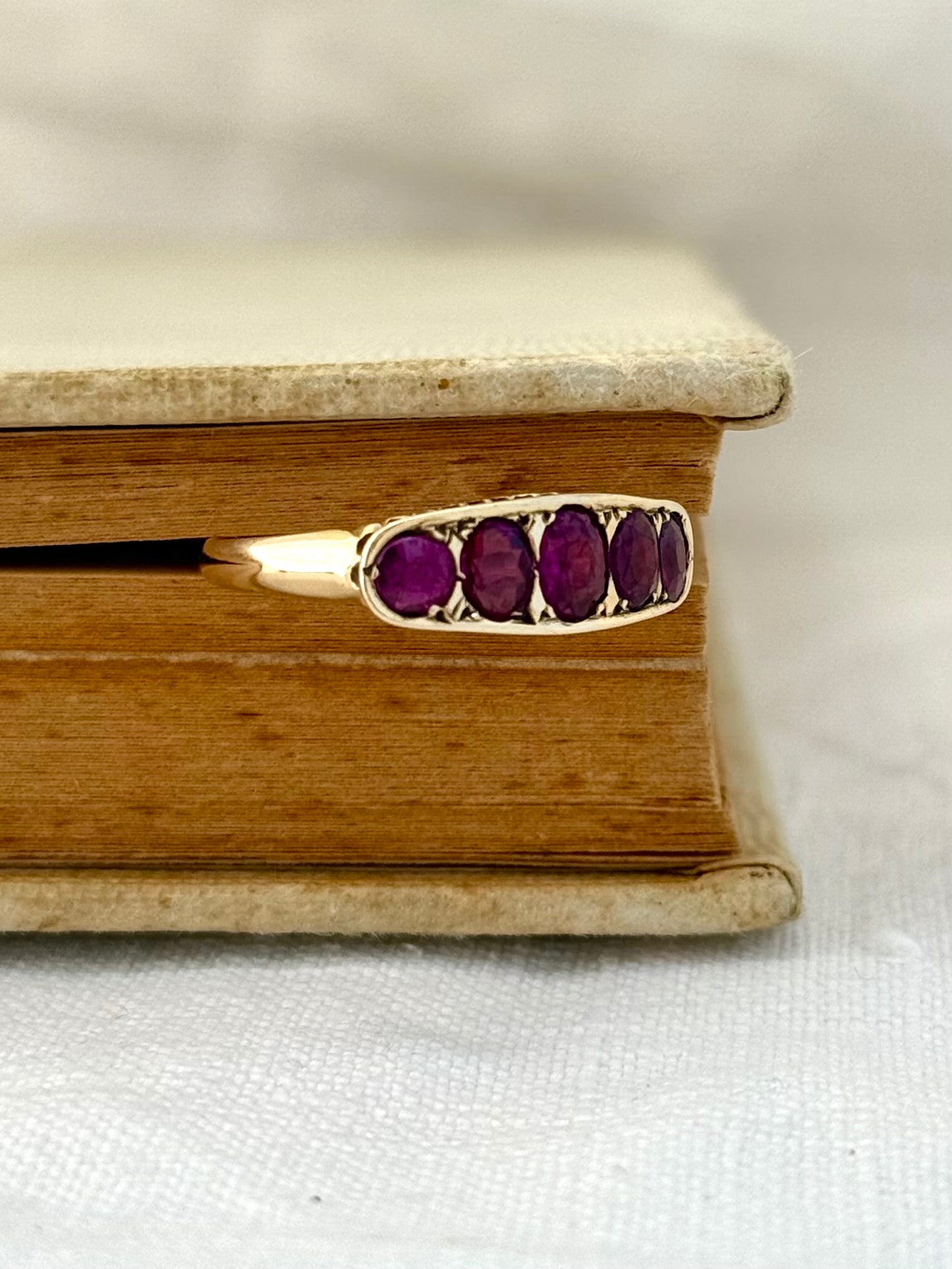 .14ct .1900s .1910s antique heirloom Pink Ruby 5 stone across Edwardian yellow gold half eternity boat ring dress ring