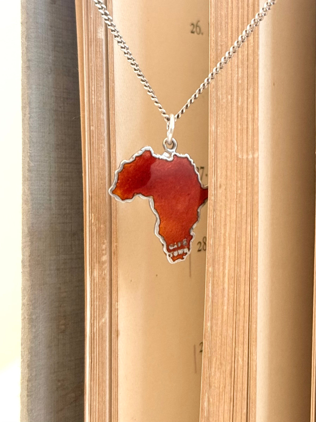 .1930s .1940s .925 Africa map Cape Town red Enamel Thomas L Mott sterling silver African pendant on chain