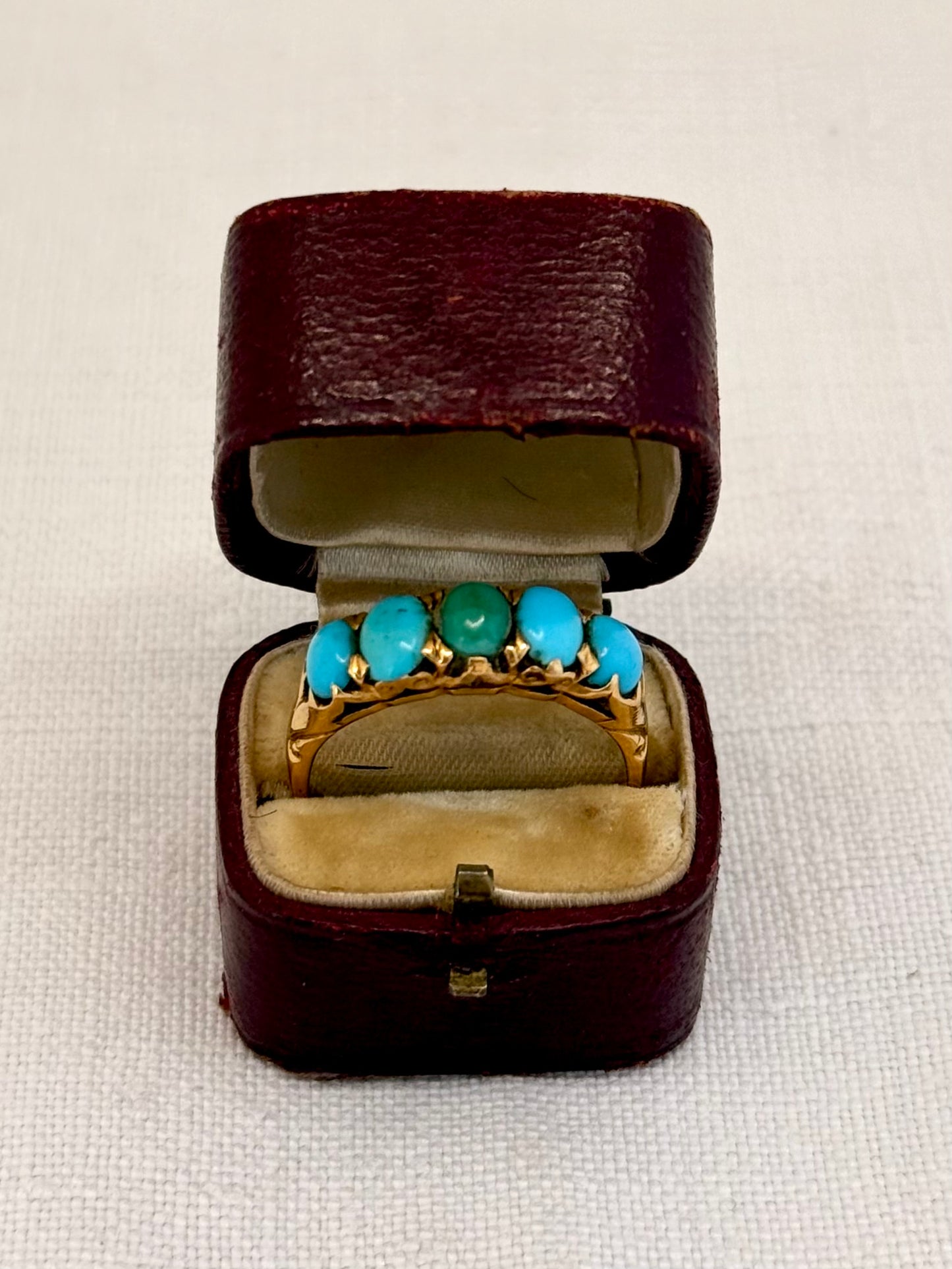 .18ct .1890s .5 turquoise Victorian blue gemstone half eternity high carat gold dress ring