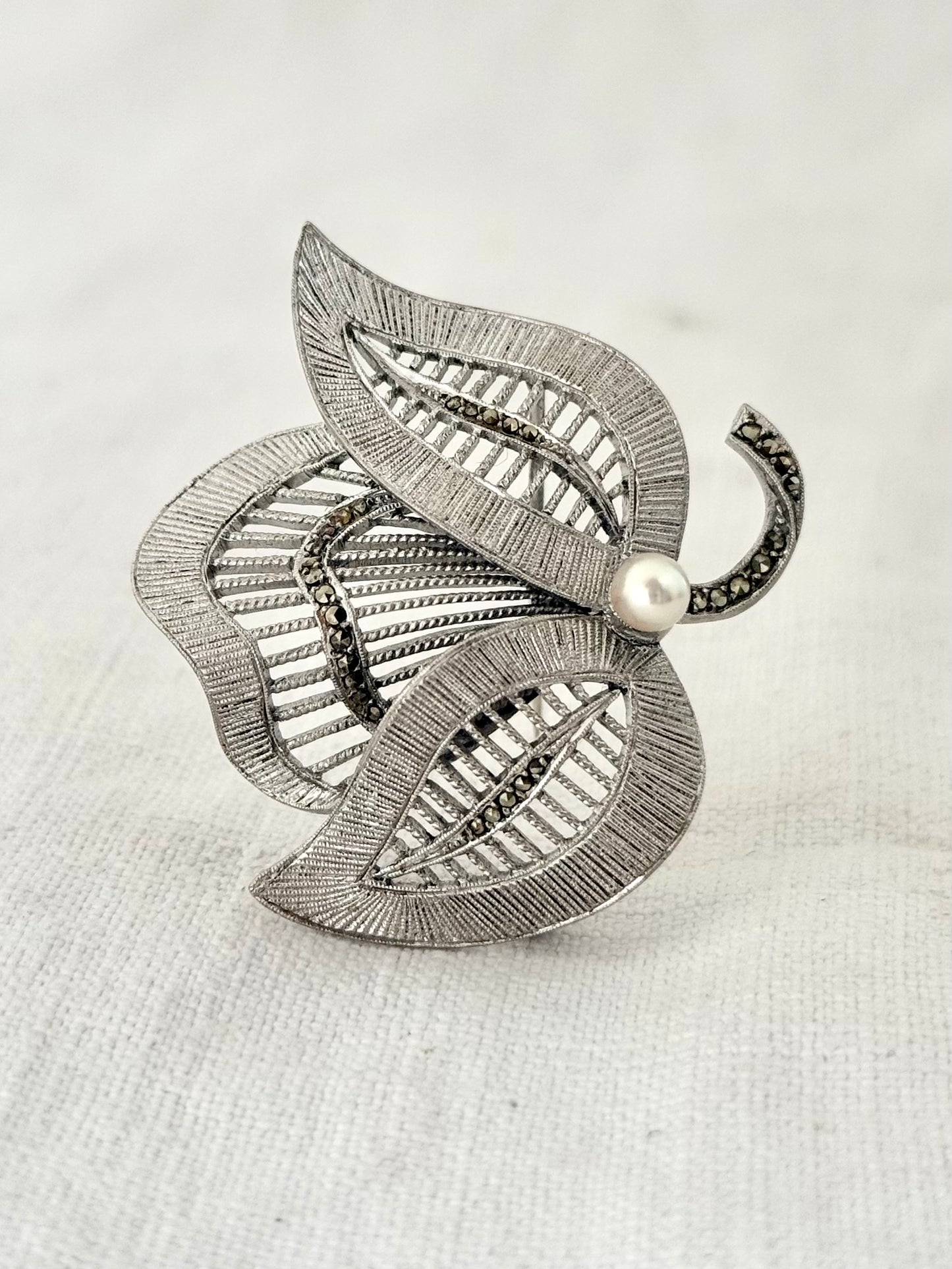 .1940s .1950s .925 Art Deco revival Theodor Fahrner designer Mid Century Modern geometric leaf and pearl renowned German sterling silver marcasite designer brooch pin