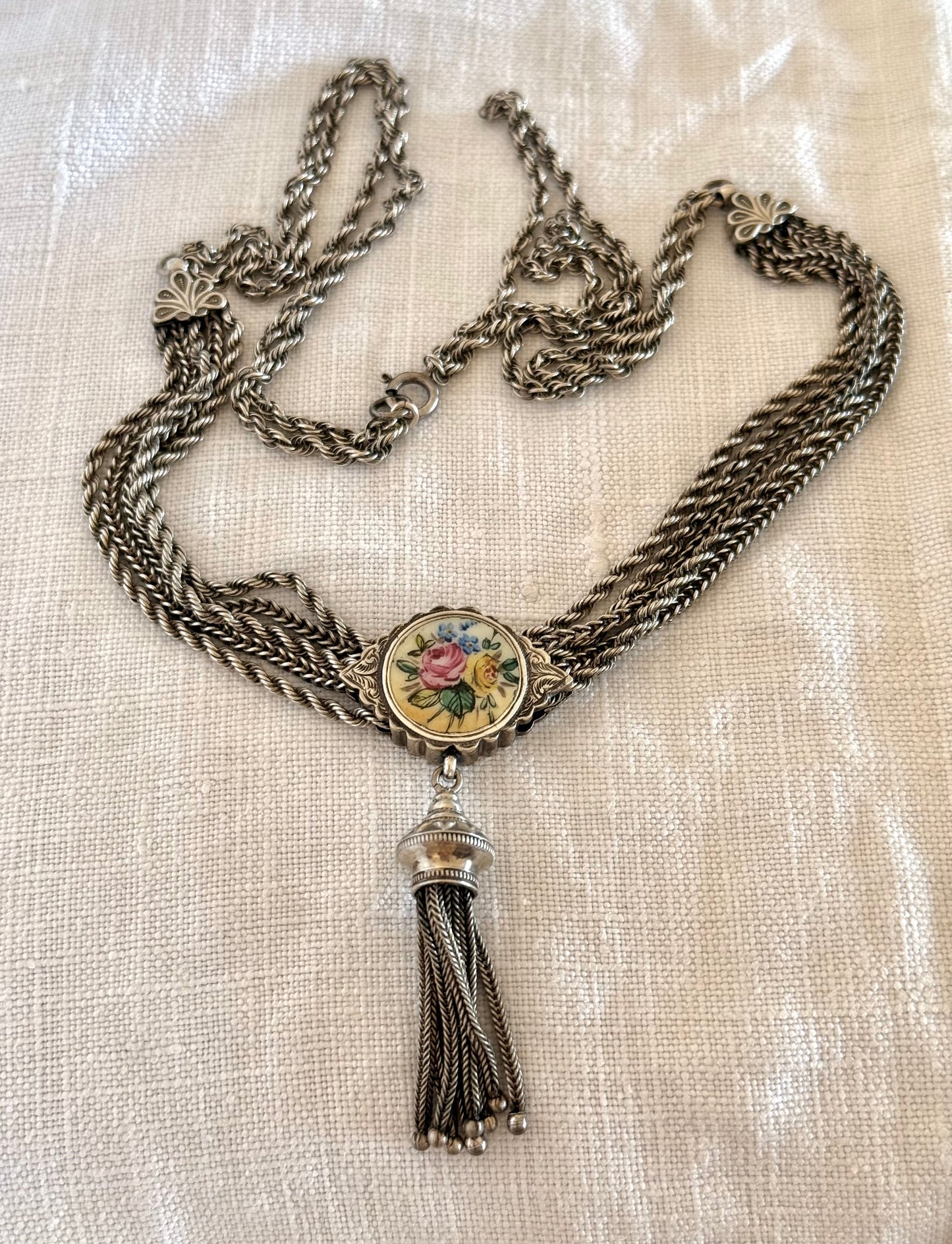 .1860s .1890s .925 antique Belle Epoque rare and fancy enamel slider Albertina multi chain necklace