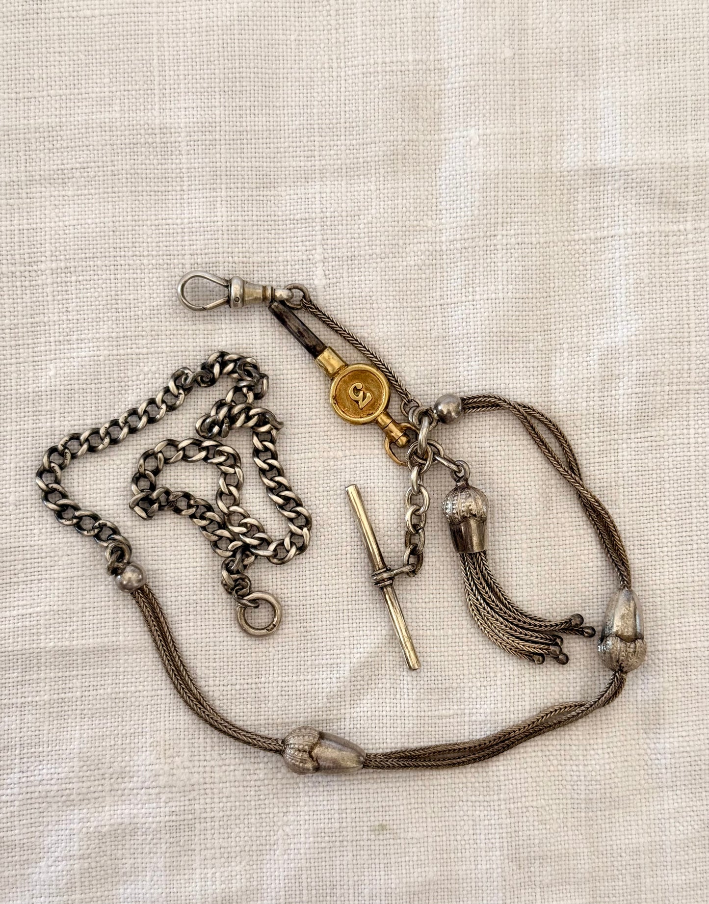 .1890s .1910s .925 antique rare Belle Epoque fancy Acorn lucky token Albertina chain hallmark silver fob chain necklace with Etruscan revival tassel fob and brass watch winder key dangles