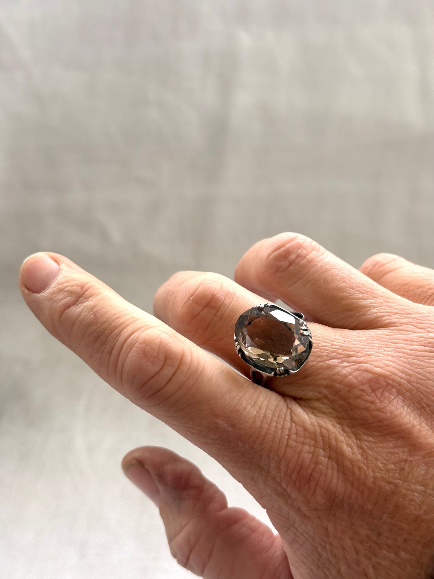 .1960s .925 magnificent large Smoky Quartz gemstone Mid Century Modern grey brown moody faceted gemstone retro Modernist sterling silver cocktail ring