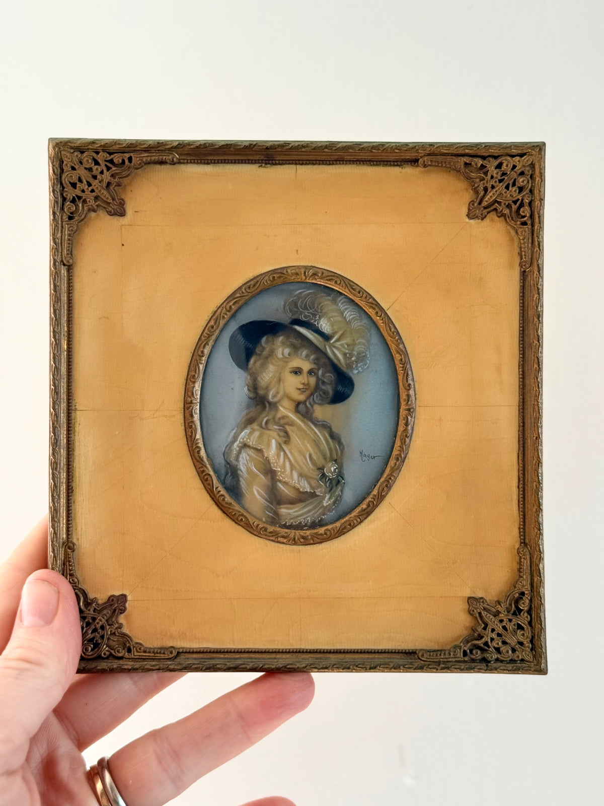 .1800s .1920s .1930s PAIR of Victorian revival miniature hand painted Dame Portraits Paintings Artist Mayer Signed