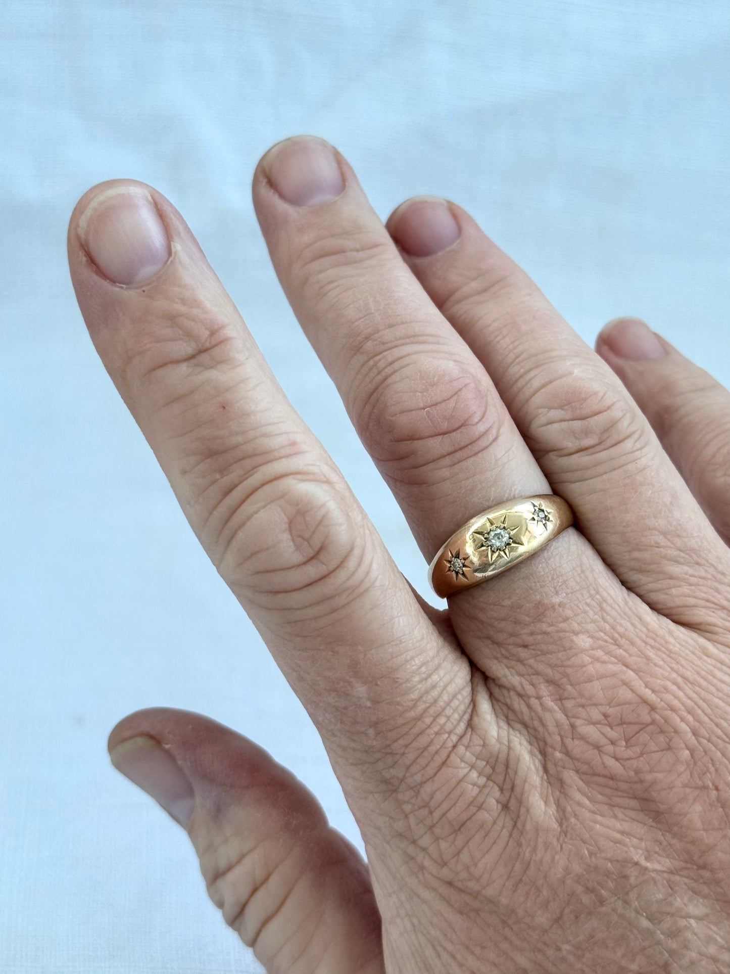.1894 .18ct .3 diamond Birmingham circa 1894 fancy three star starburst diamond gypsy band high carat gold Victorian engagement wedding commitment ring