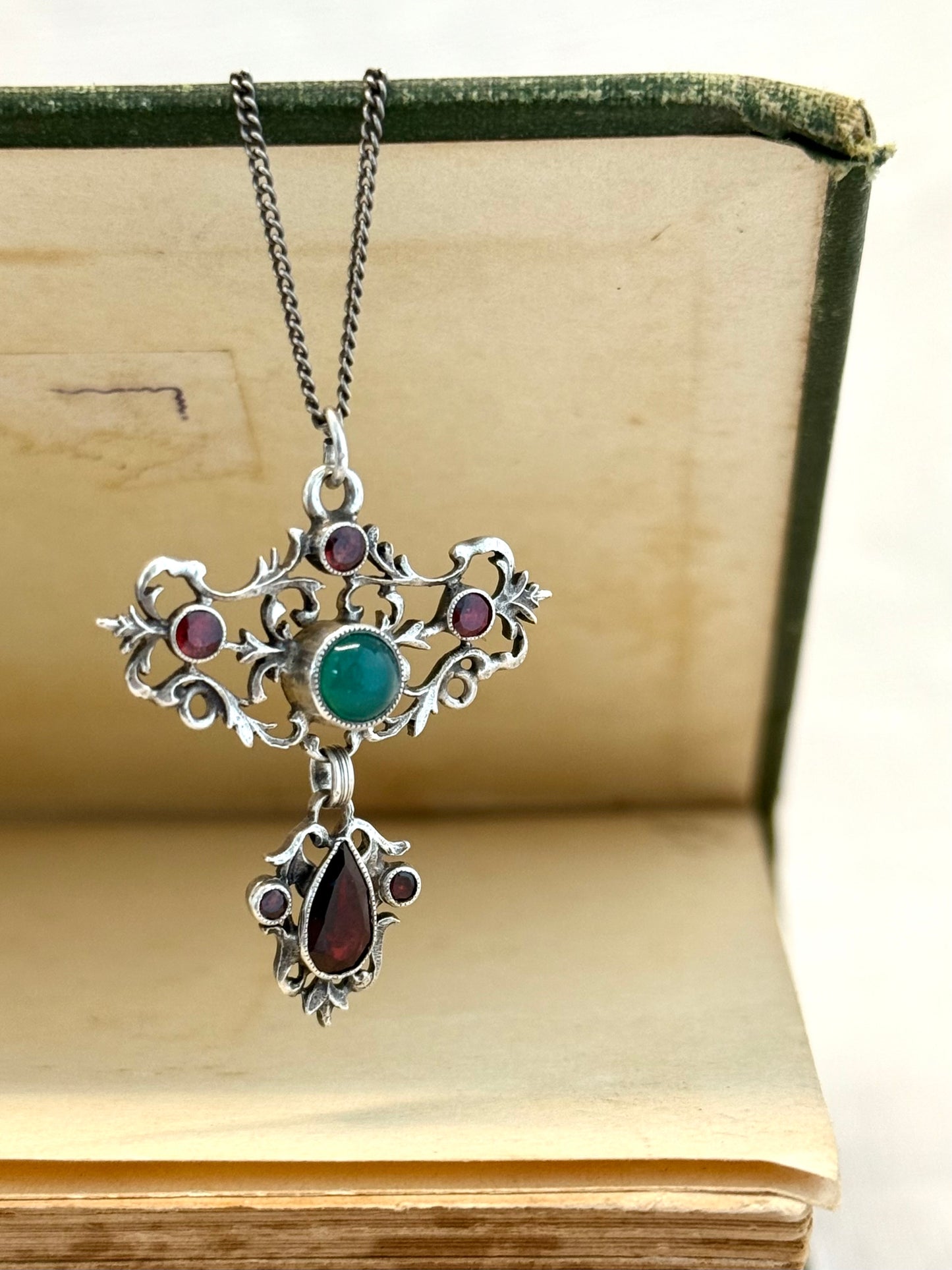 .1800s Antique Austro-Hungarian rare Garnet and Chrysoprase gemstone collectors treasure Victorian era silver lavaliere fancy filigree pendant