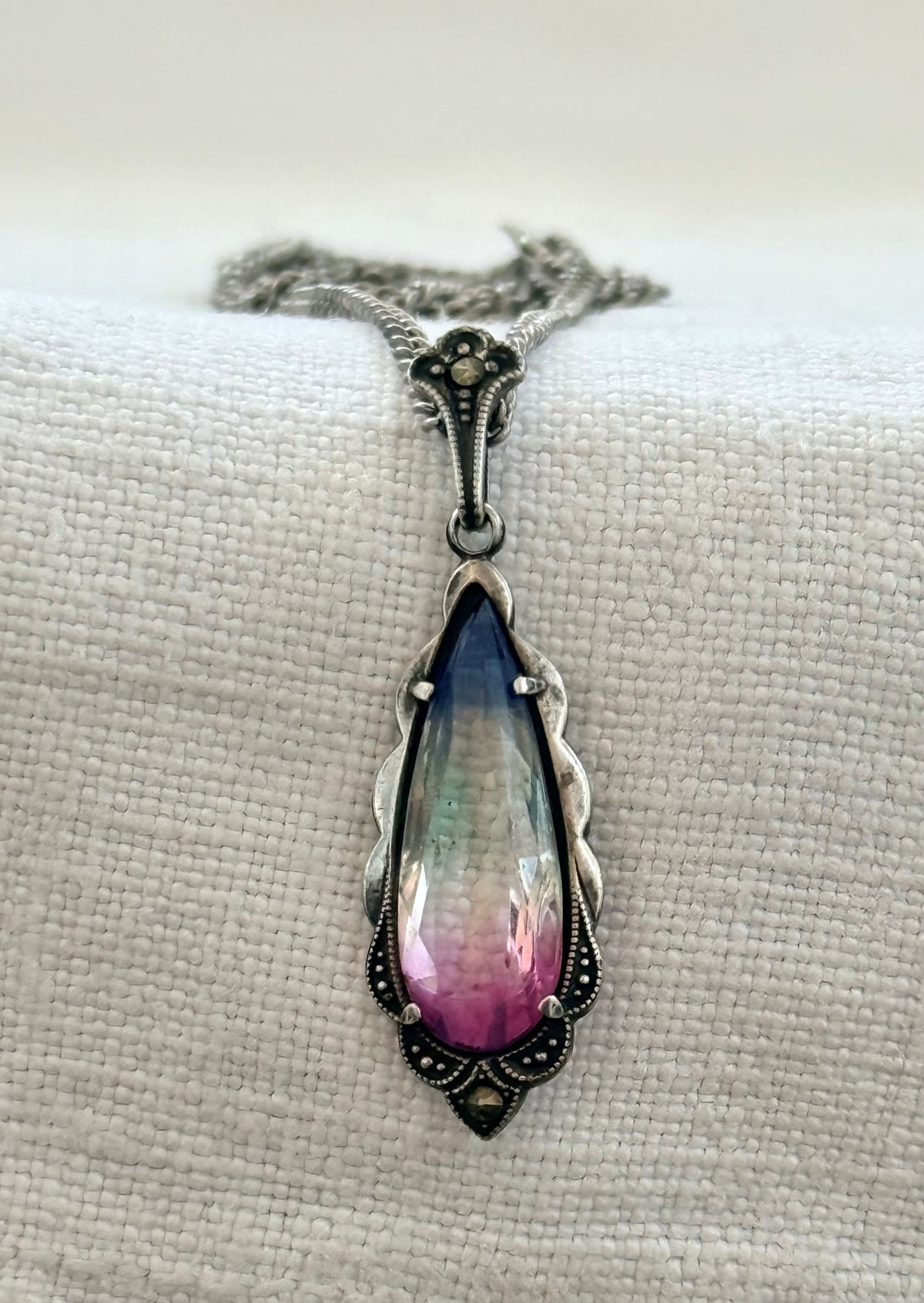 .1920s .1930s .830 silver Art Deco Iris Glass marcasite gemstone pendant on chain