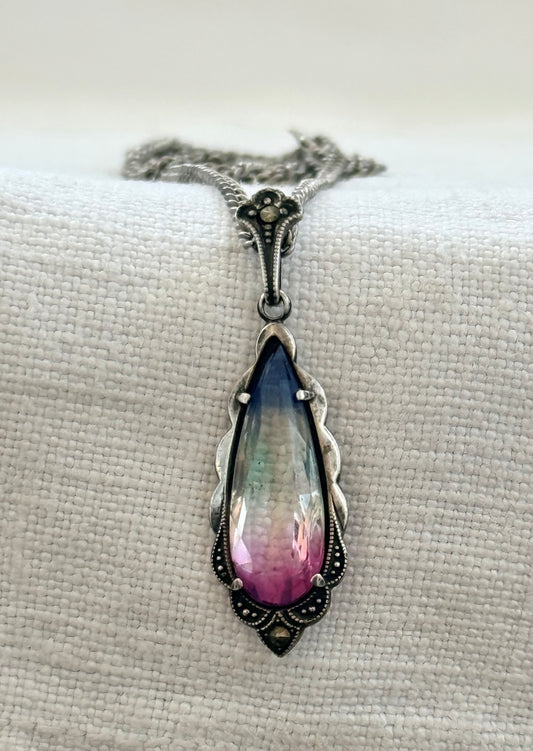 .1920s .1930s .830 silver Art Deco Iris Glass marcasite gemstone pendant on chain