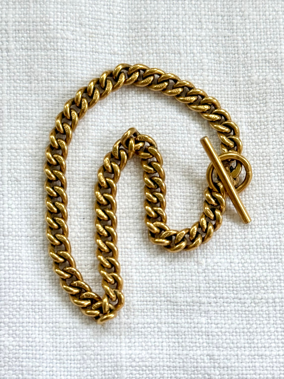 .1900 .375 antique solid .9ct rich yellow gold hallmarked Edwardian antique buttery yellow solid gold curb chain t-bar toggle fob extension chain curb chain bracelet