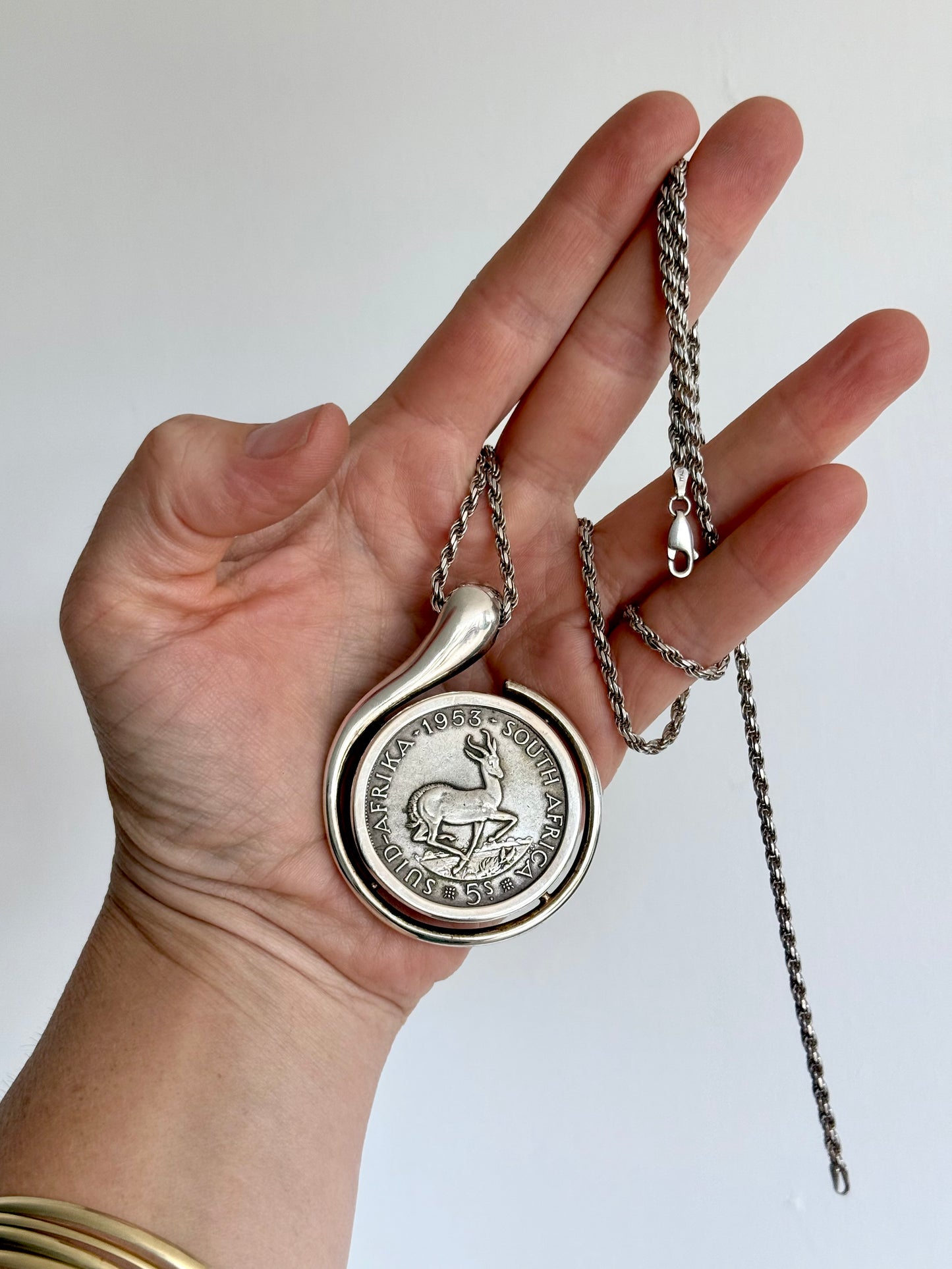 .1953 .500 silver and .925 silver large modernist statement South African 5 Shillings Silver Coin pendant and long rope weave chain necklace
