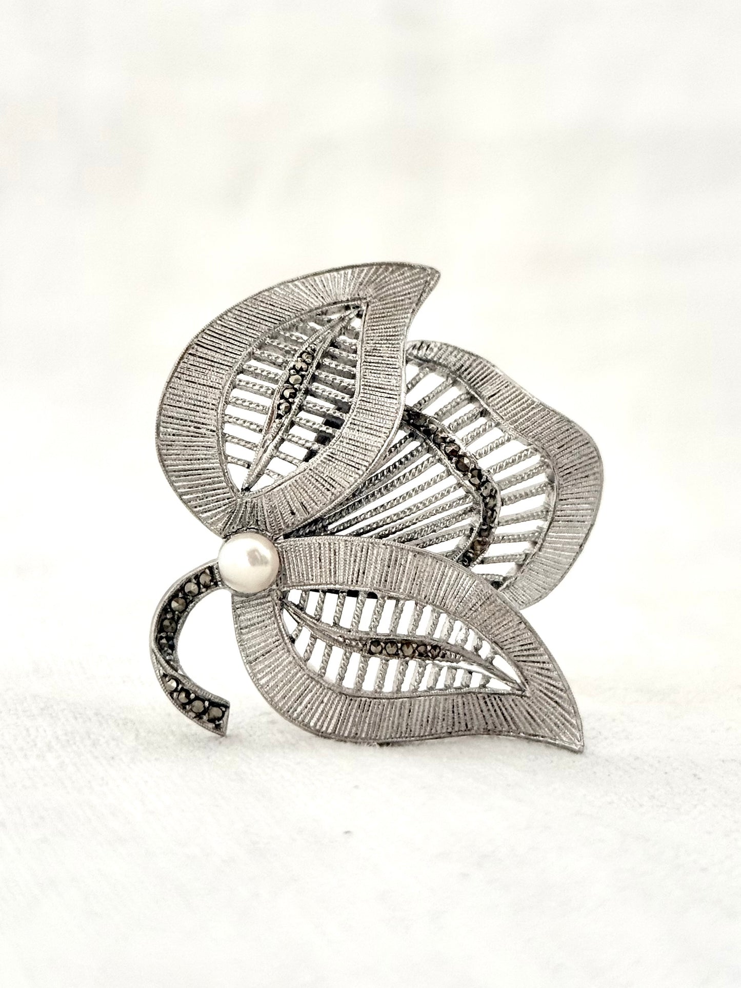 .1940s .1950s .925 Art Deco revival Theodor Fahrner designer Mid Century Modern geometric leaf and pearl renowned German sterling silver marcasite designer brooch pin