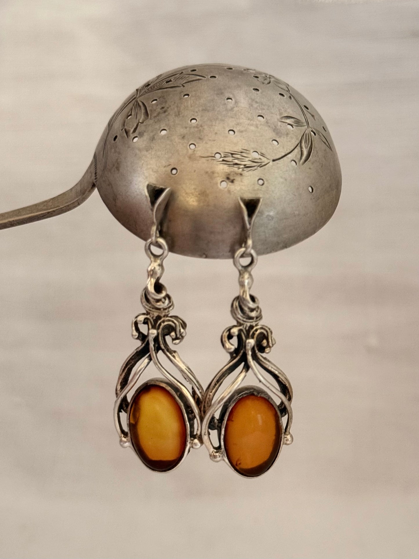 .925 Baltic Amber gemstone romantic antique revival sterling silver drop dangle earrings