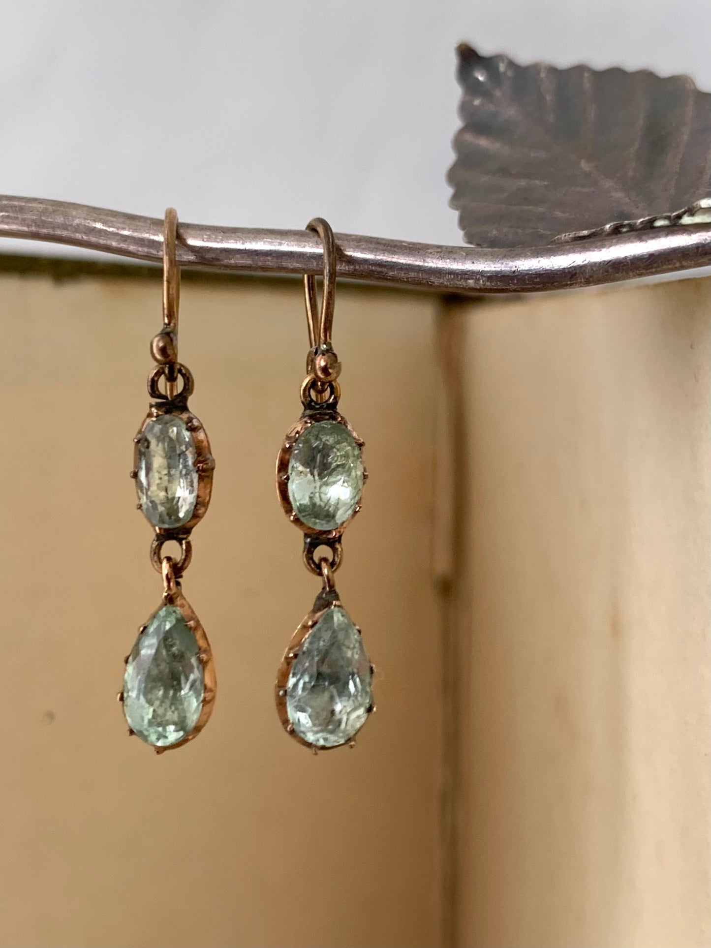 .375 1810s 1820s Aquamarine fine antique early Georgian foiled mine cut true antique dangle rose gold aquamarine gemstones 9k gold drop earrings