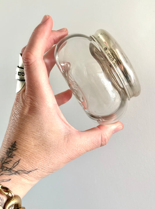 .1918 .925 antique Art Deco George V round bubble glass sterling silver lidded vanity powder bowl jar