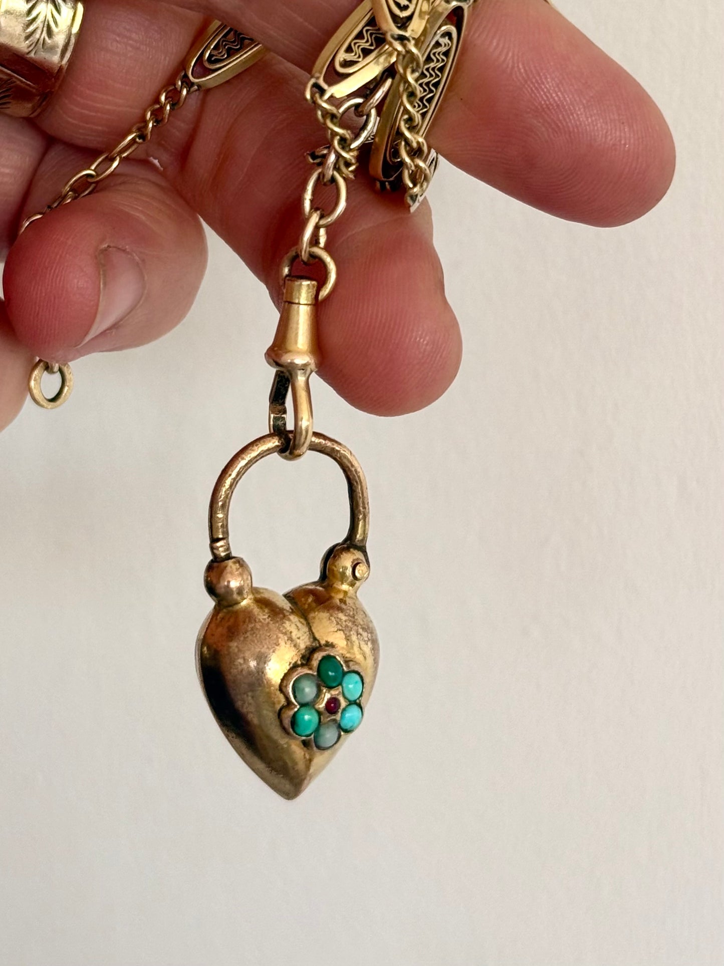 .1800s .1860s antique Georgian to Victorian era collectors heavy Gold fill large puffy heart antique gemstone padlock clasp pendant
