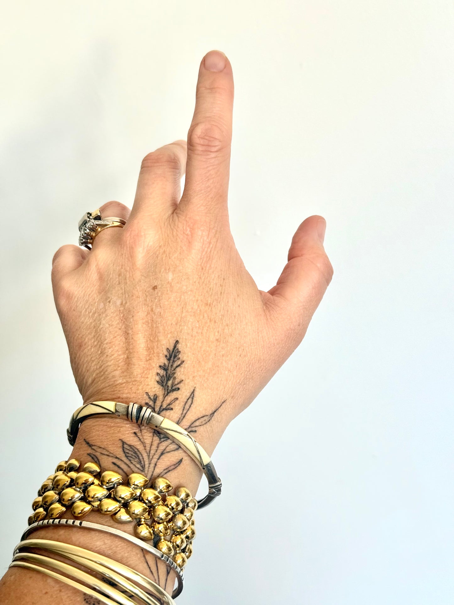 .1940s .1950s .925 modernist silver and ivory inlay tribal style MCM designer clasp bangle