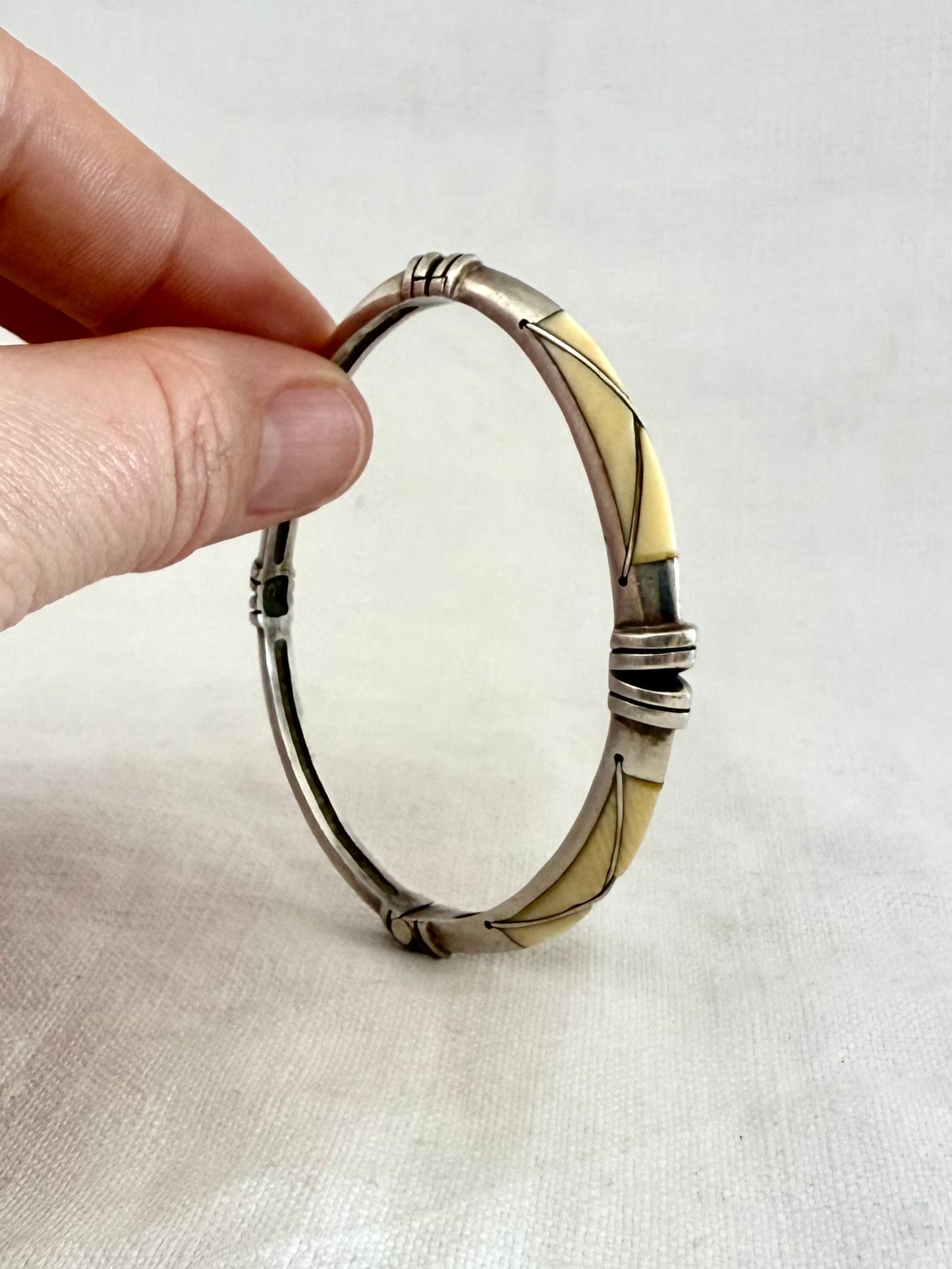 .1940s .1950s .925 modernist silver and ivory inlay tribal style MCM designer clasp bangle