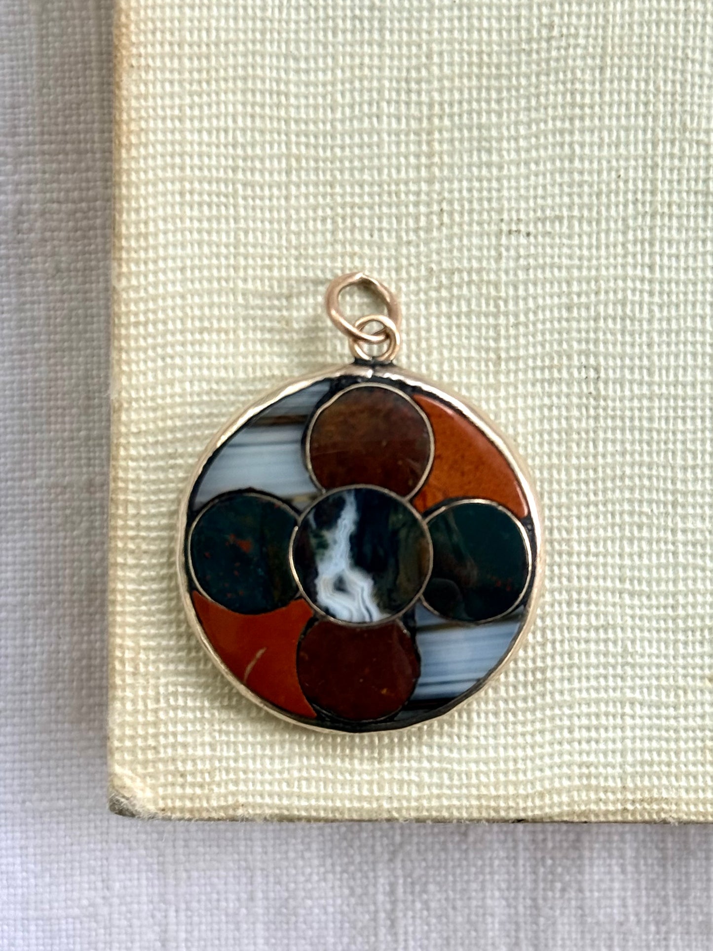 .1850s .1860s .375 gold .925 silver antique Victorian Scottish agate pebble stone pendant with St Christopher token pendant